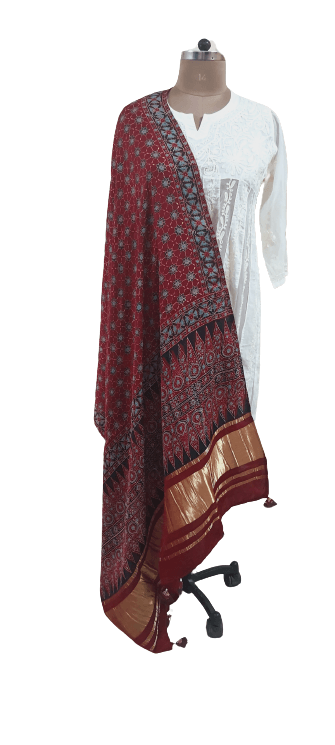 Maroon Modal Silk Ajrakh Printed Lagdi Patta Dupatta DP105 - Ethnic's By Anvi Creations