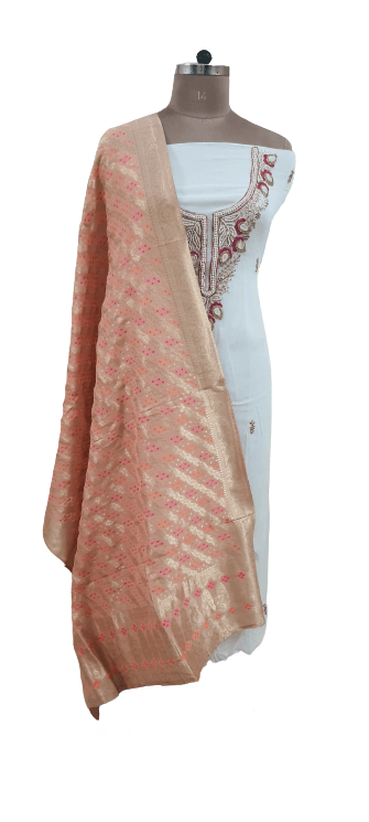 Peach Off White Georgette Zari Weave Bandhani Dupatta DP91 - Ethnic's By Anvi Creations