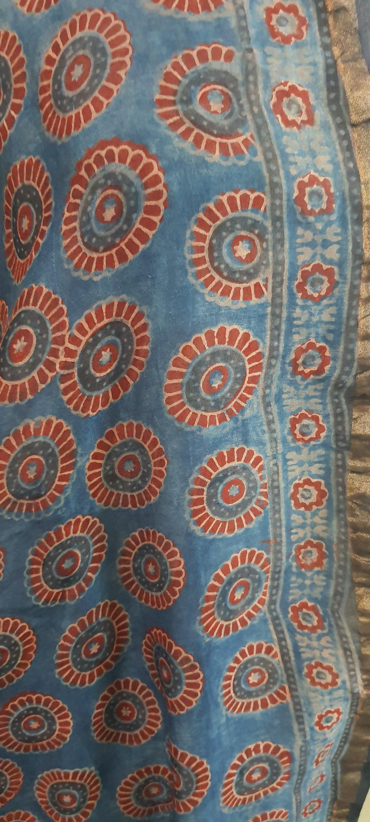 Indigo Blue Chanderi Cotton With zari Edging Ajrakh Printed Dupatta DP97 - Ethnic's By Anvi Creations