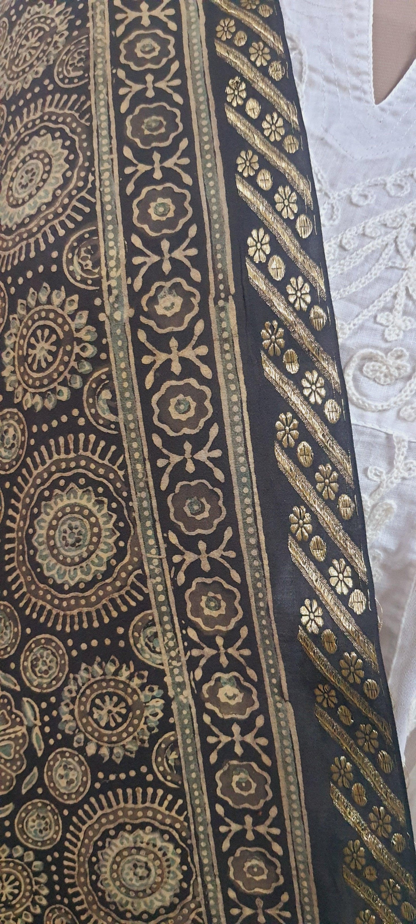 Black Munga Silk Ajrakh Printed Dupatta With Weaving Border and palla DP99 - Ethnic's By Anvi Creations