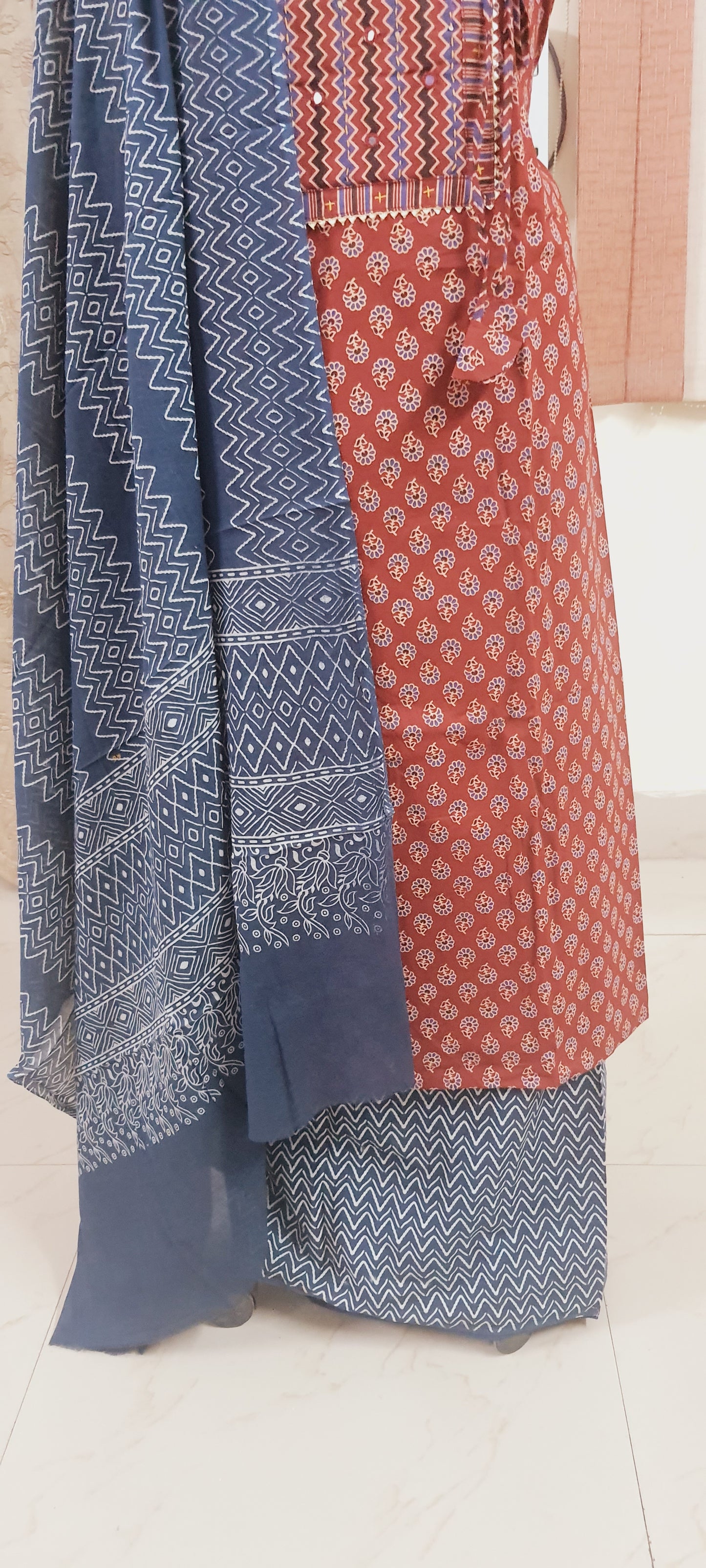 Rust Maroon Jaipuri Printed Angrakha Style Cotton Suit EV08