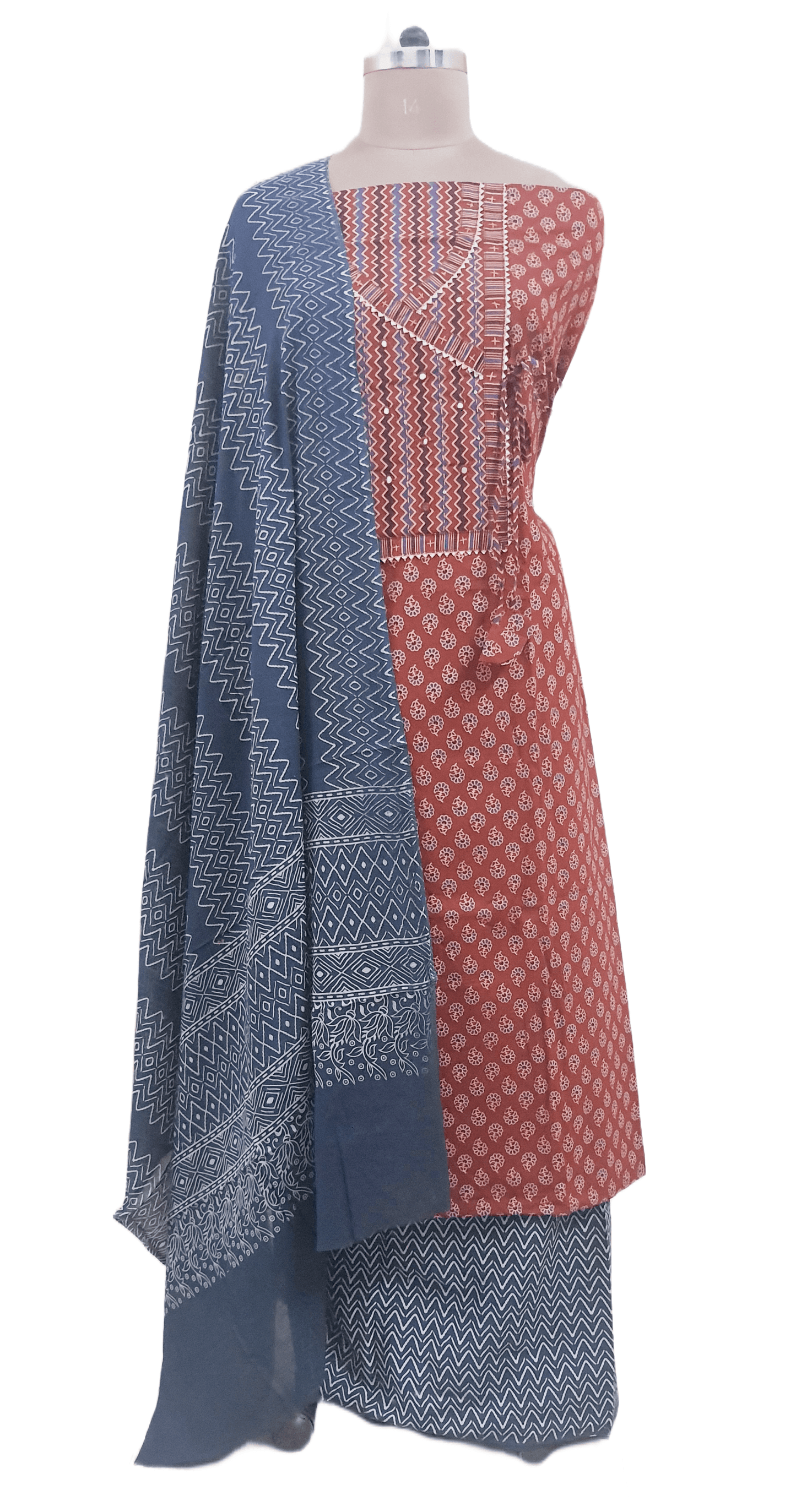 Rust Maroon Jaipuri Printed Angrakha Style Cotton Suit EV08 - Ethnic's By Anvi Creations