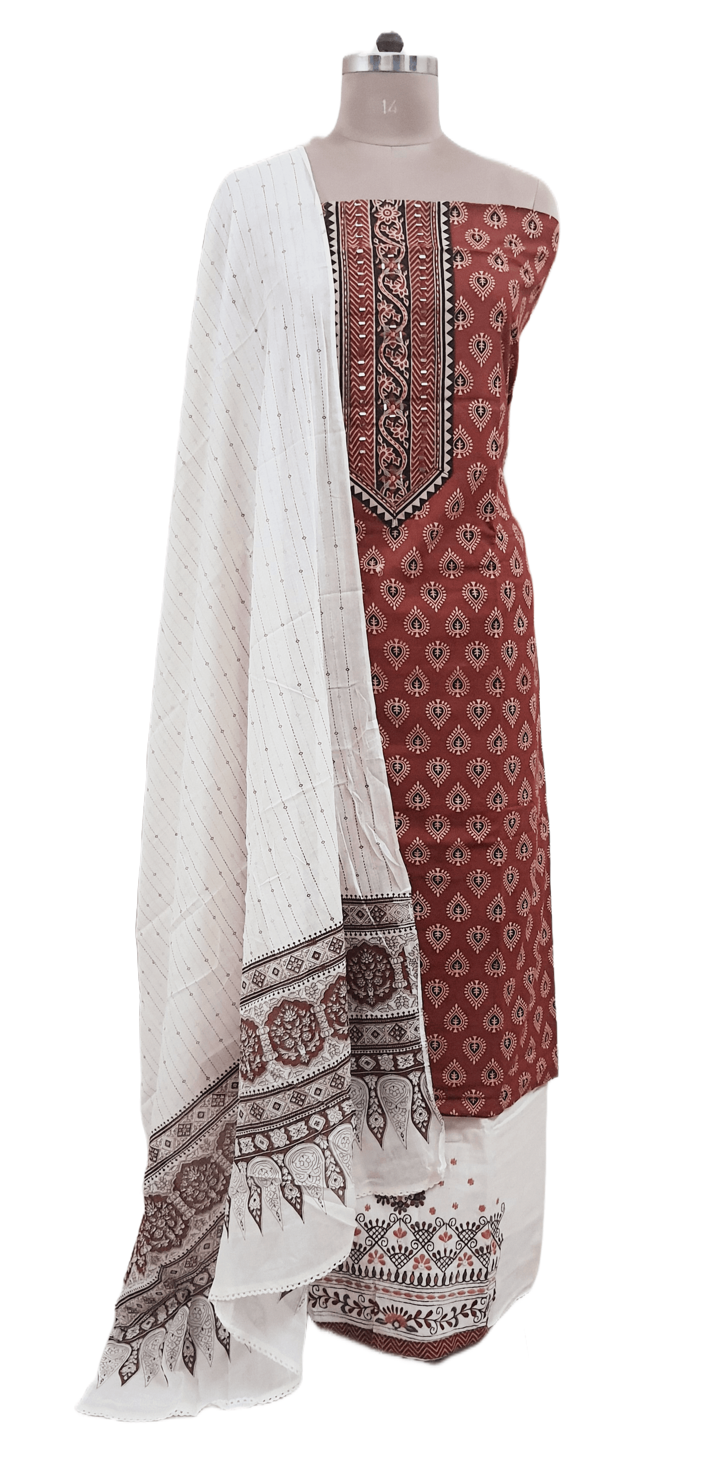 Rust Maroon Jaipuri Printed Ajrakh Style Cotton Suit EV09 - Ethnic's By Anvi Creations