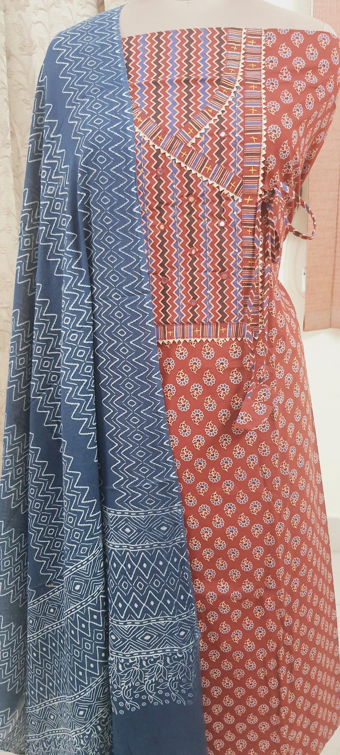 Rust Maroon Jaipuri Printed Angrakha Style Cotton Suit EV08 - Ethnic's By Anvi Creations