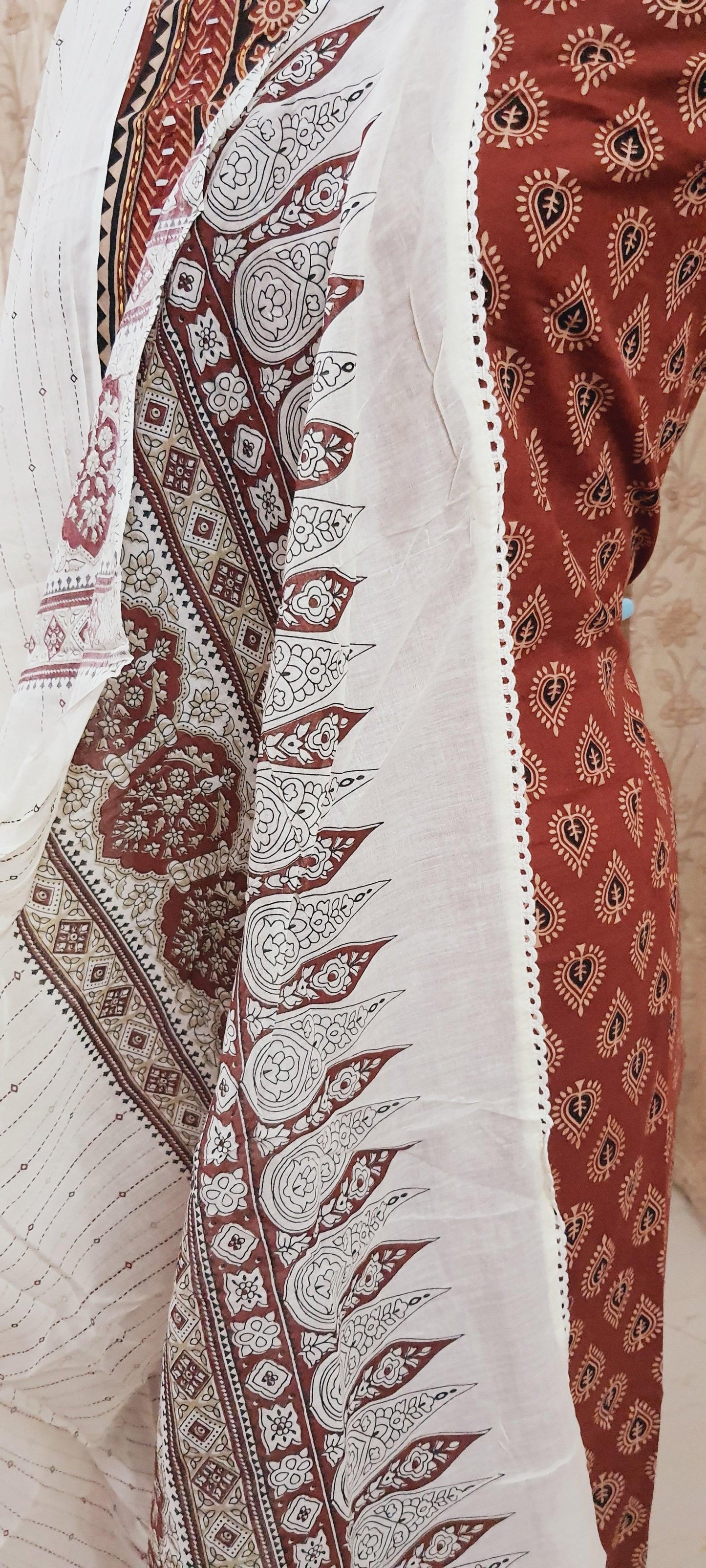 Rust Maroon Jaipuri Printed Ajrakh Style Cotton Suit EV09 - Ethnic's By Anvi Creations