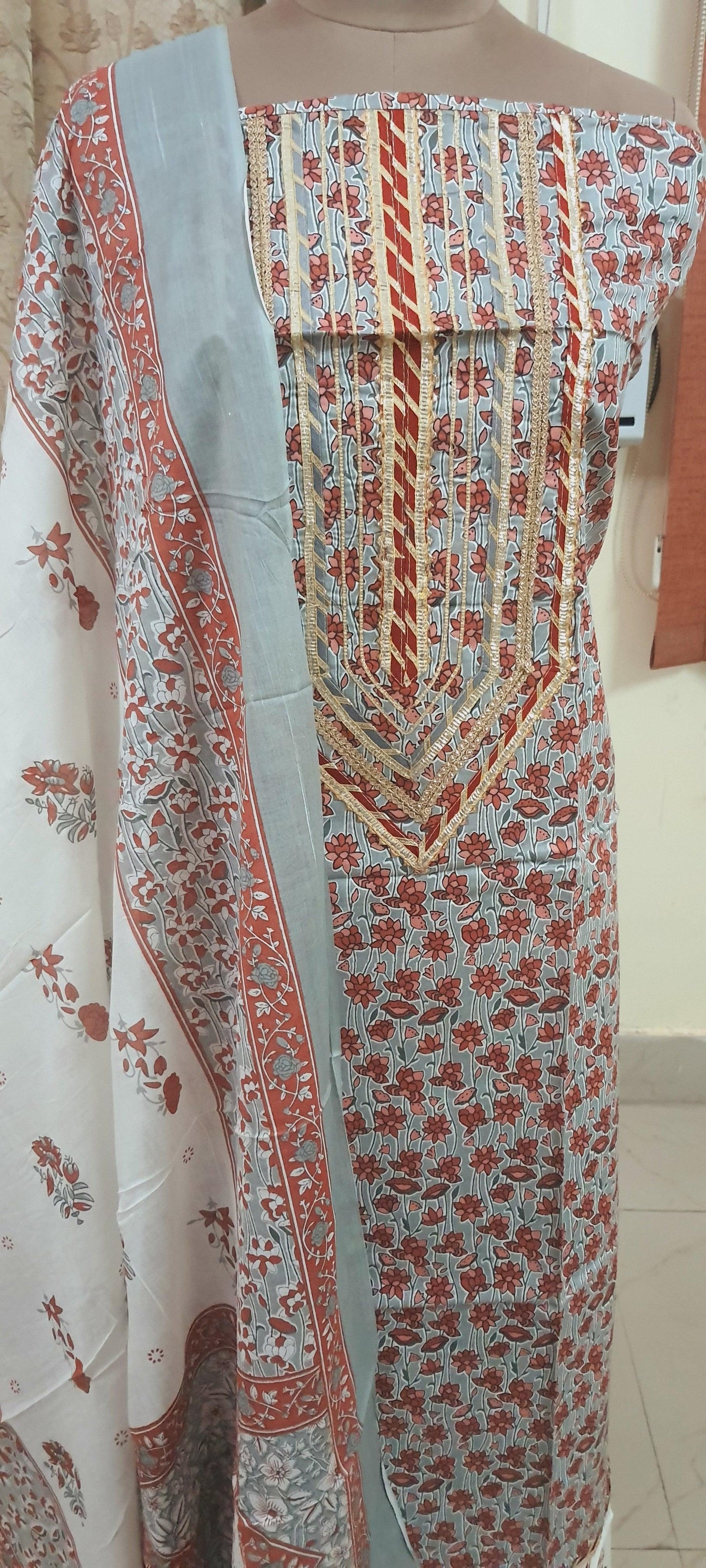 Jaipuri Cotton Printed Suit with Gotta Patti work EV27 - Ethnic's By Anvi Creations
