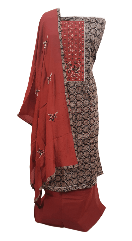 Ajrakh Printed Cotton Suit with Embroidered Dupatta EV16 - Ethnic's By Anvi Creations