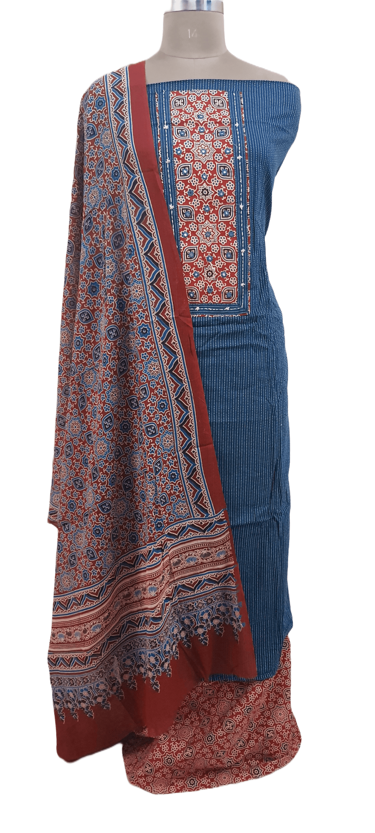 Cotton Kantha Kurta with Ajrakh Dupatta Suit EV22 - Ethnic's By Anvi Creations