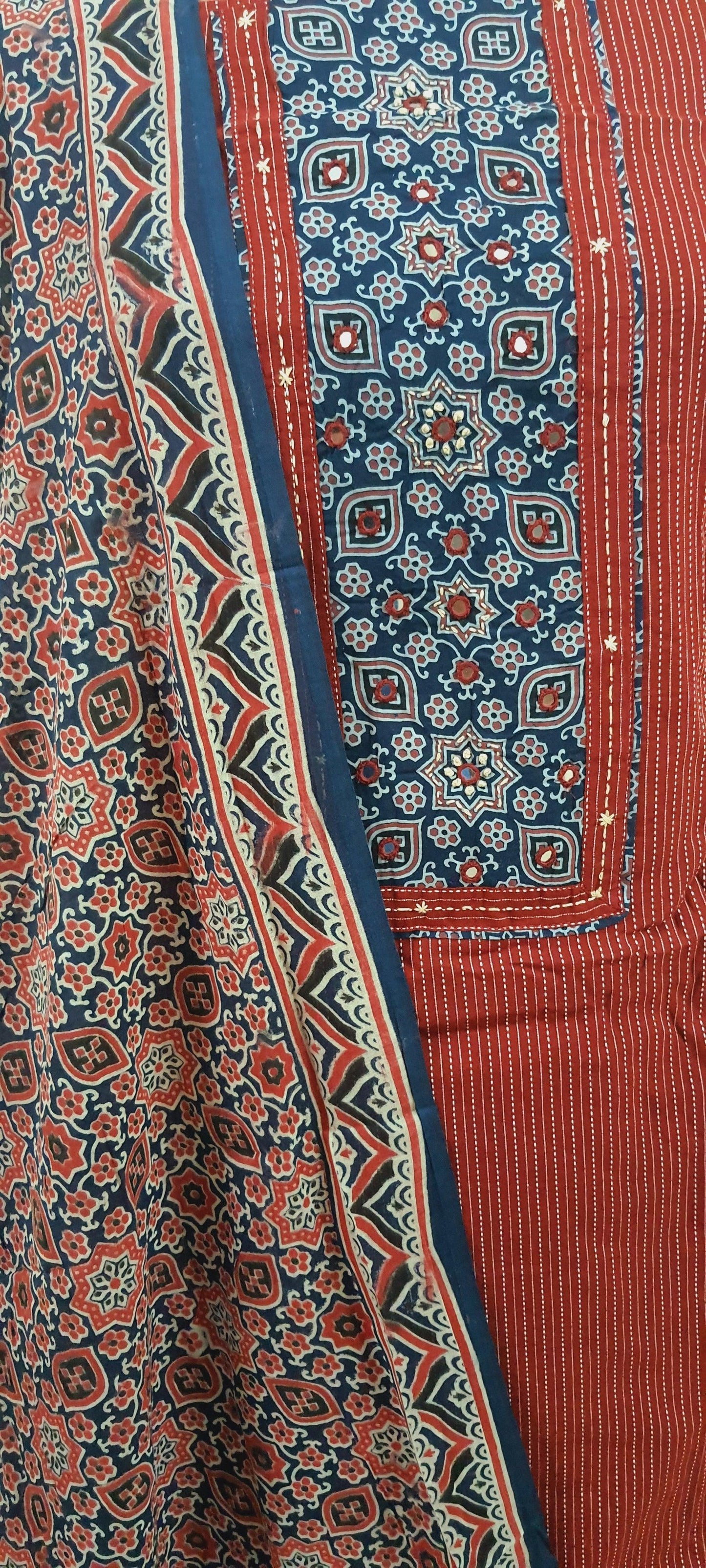 Cotton Kantha Kurta with Ajrakh Dupatta Suit EV24 - Ethnic's By Anvi Creations