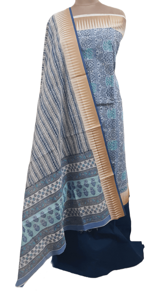 Light Blue Handloom Border Printed Cotton Suit EV25 - Ethnic's By Anvi Creations