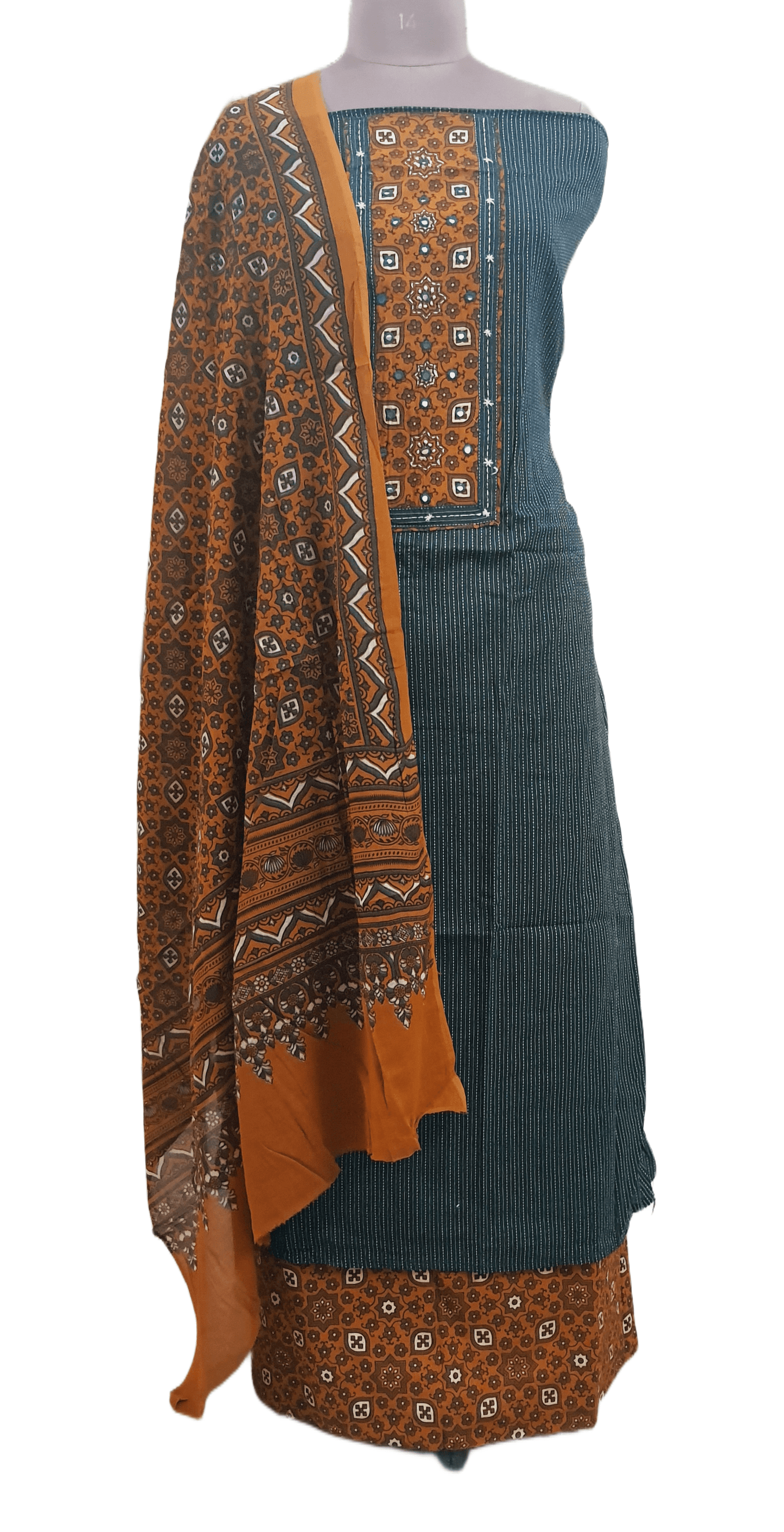 Cotton Kantha Kurta with Ajrakh Dupatta Suit EV26 - Ethnic's By Anvi Creations