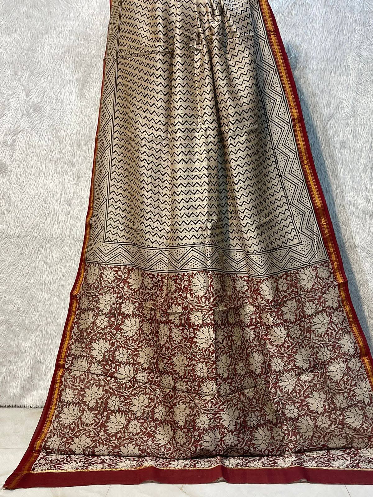 Black chevron Maheshwari Cotton Silk Hand Block Printed Saree with Kalamkari PW37
