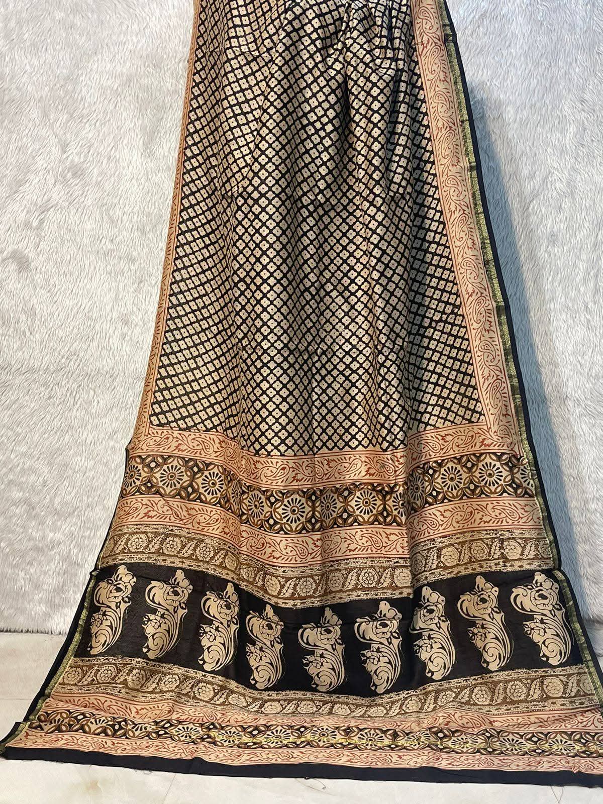 Black Maheshwari Cotton Silk Hand Block Printed Saree PW34