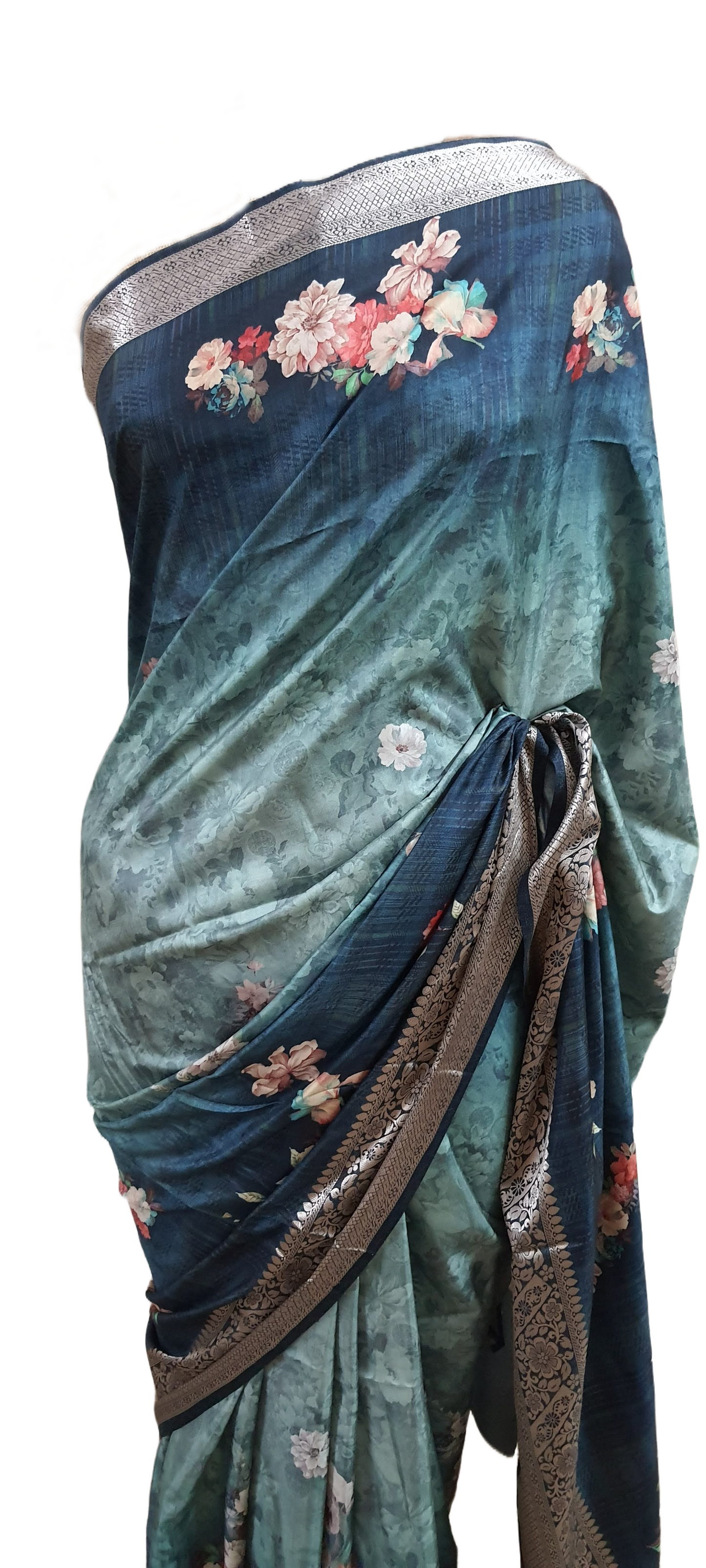 Digital Printed Bottle Green Soft Silk saree