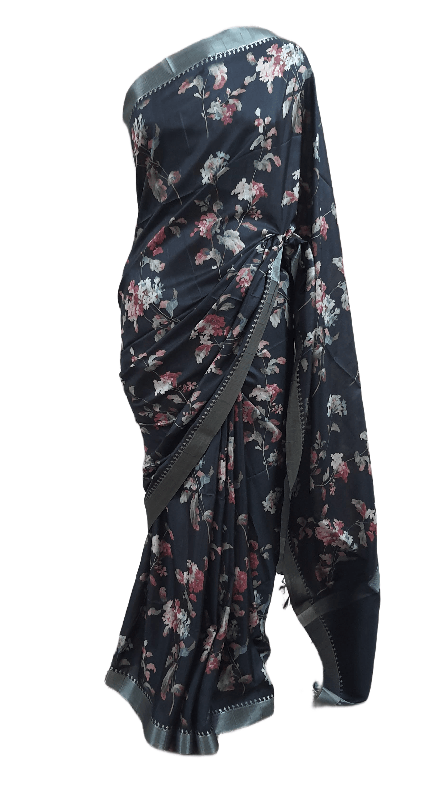 Black Printed Tussar Silk Saree - Ethnic's By Anvi Creations