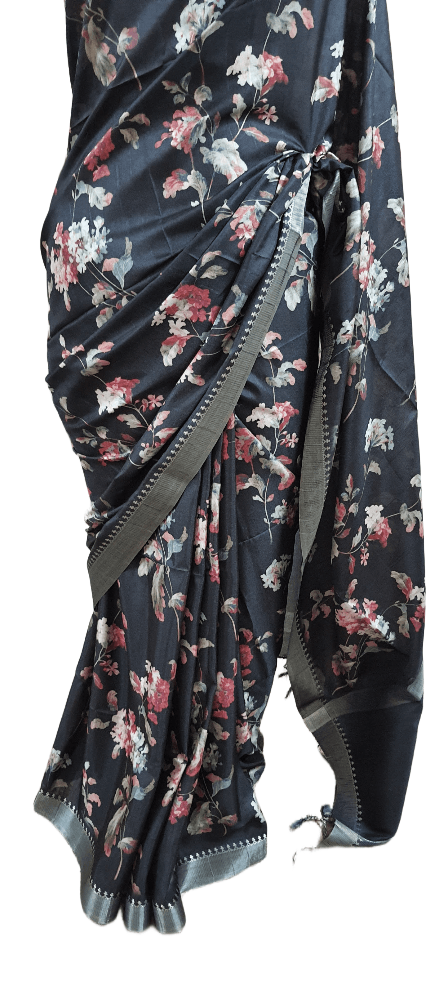 Black Printed Tussar Silk Saree - Ethnic's By Anvi Creations