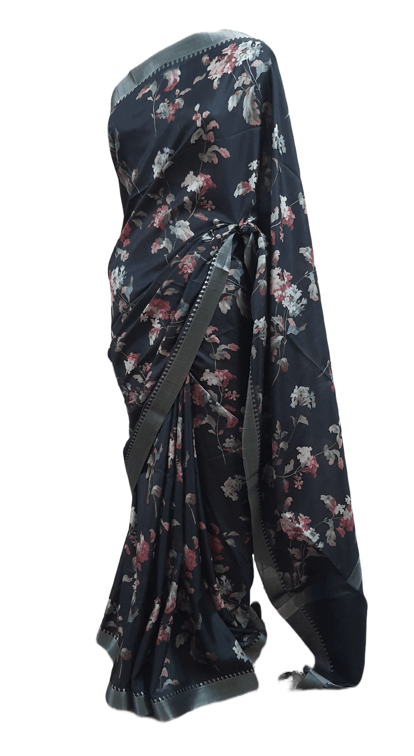 Black Printed Tussar Silk Saree - Ethnic's By Anvi Creations