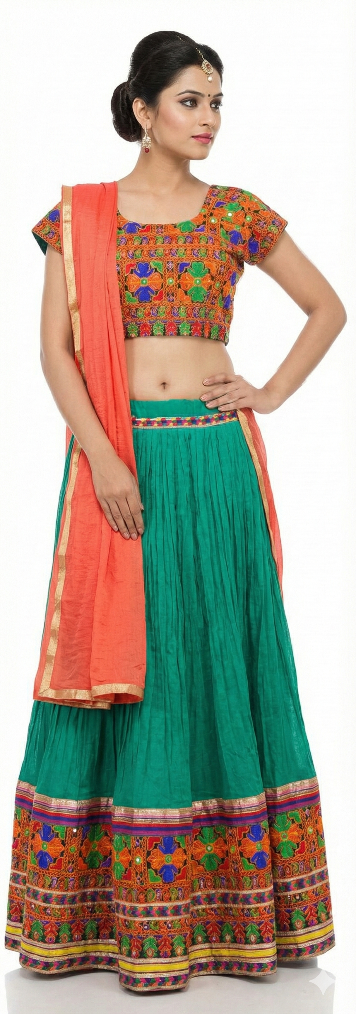 Turquoise Garba Cotton Chaniya Choli 3 Piece Lehenga Kutchi Work GB01