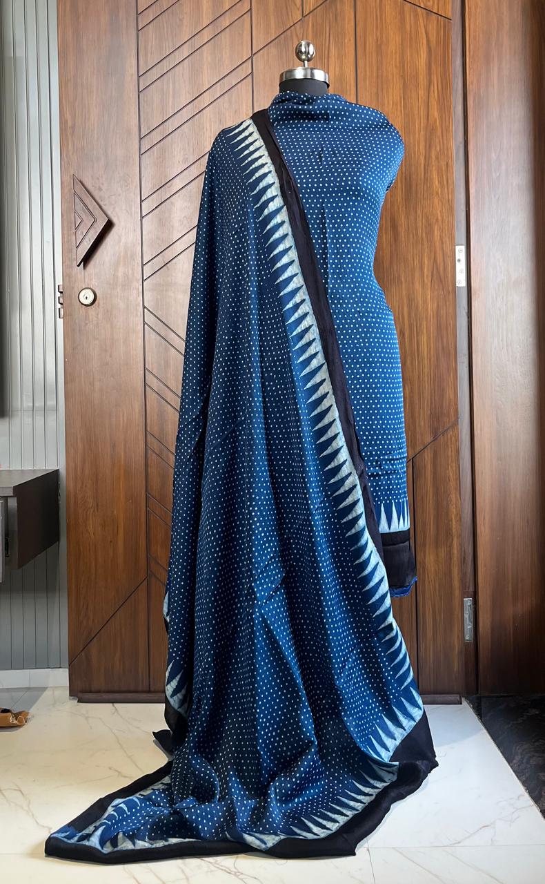Indigo Pure Modal Silk Hand Block Printed Kurta Dupatta Set (Unstitched) | Premium Artisan Crafted Dress Material