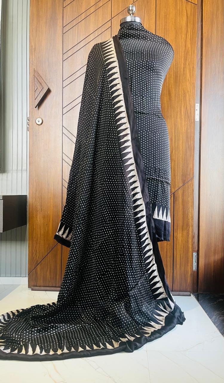 Black Pure Modal Silk Hand Block Printed Kurta Dupatta Set (Unstitched) | Premium Artisan Crafted Dress Material