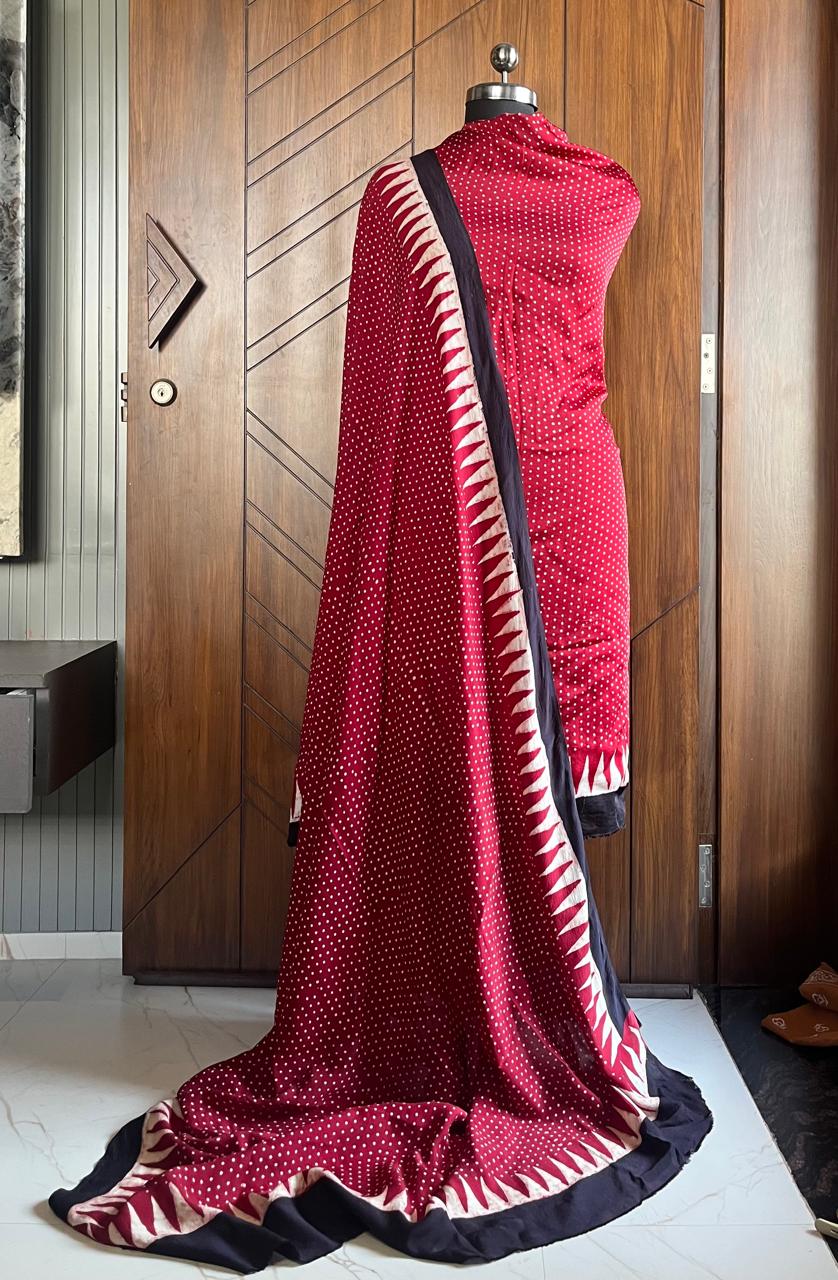 Maroon Pure Modal Silk Hand Block Printed Kurta Dupatta Set (Unstitched) | Premium Artisan Crafted Dress Material