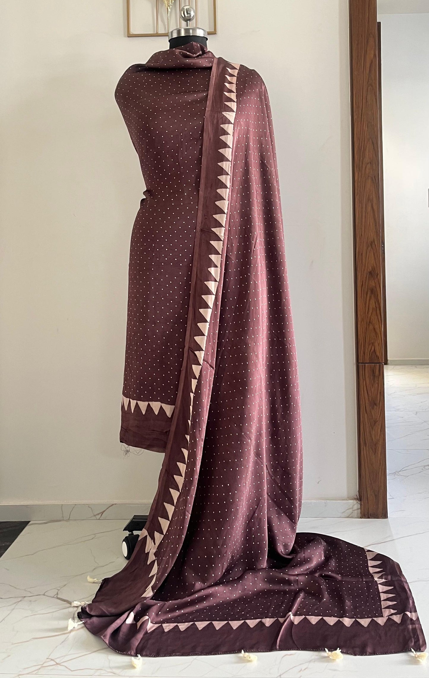 Brown Pure Modal Silk Hand Block Printed Kurta Dupatta Set (Unstitched) | Premium Artisan Crafted Dress Material