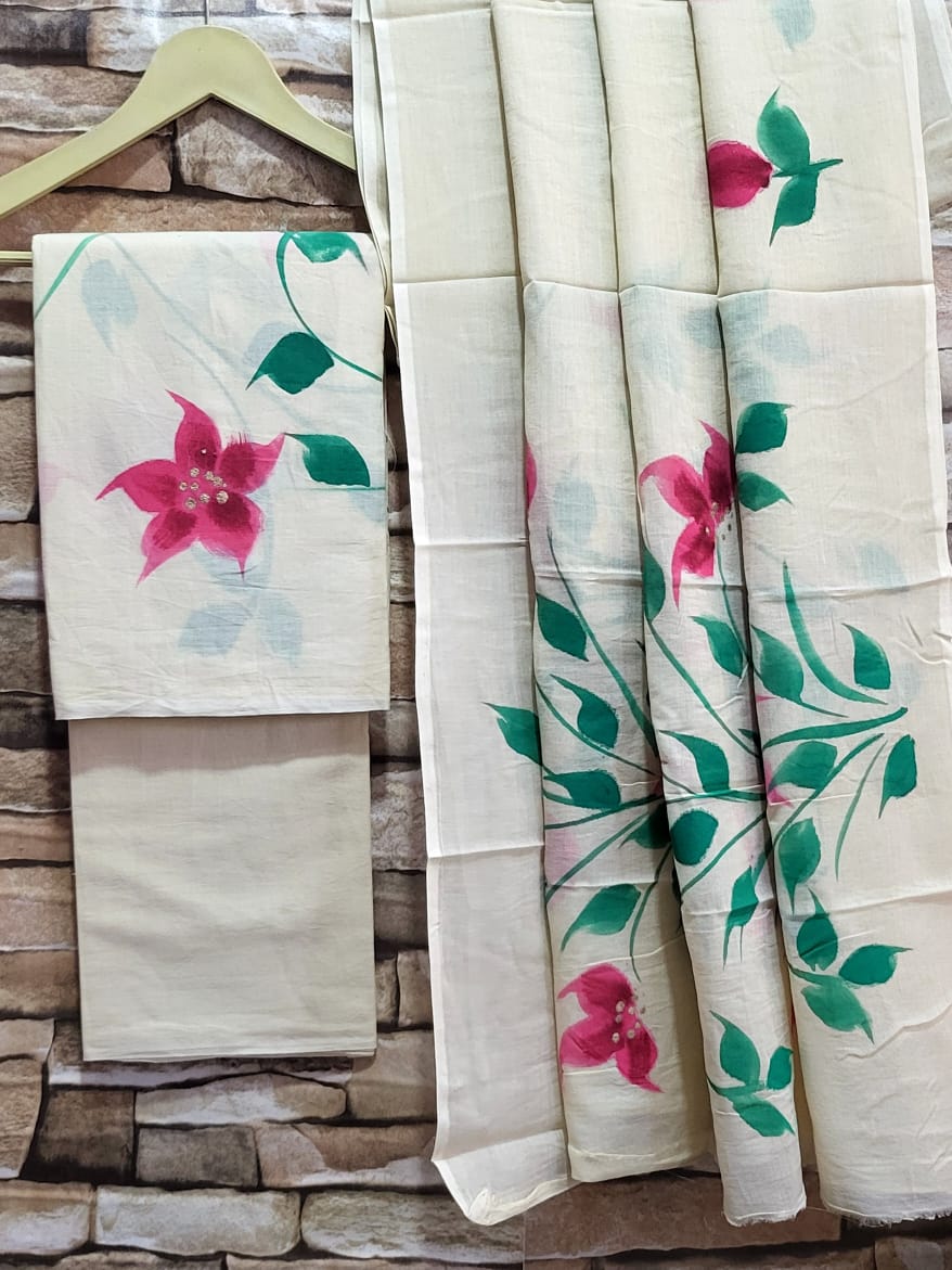 Cream Cotton Hand Block Printed Suit Unstitched Dress Material