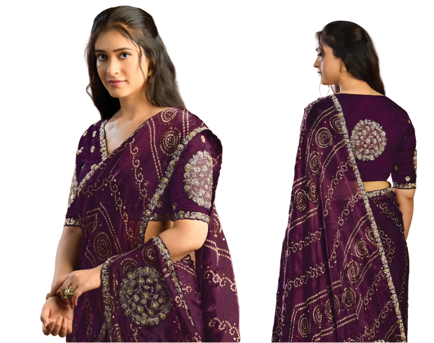 Dual Tone Wine Satin Silk Bandhej saree with hand work