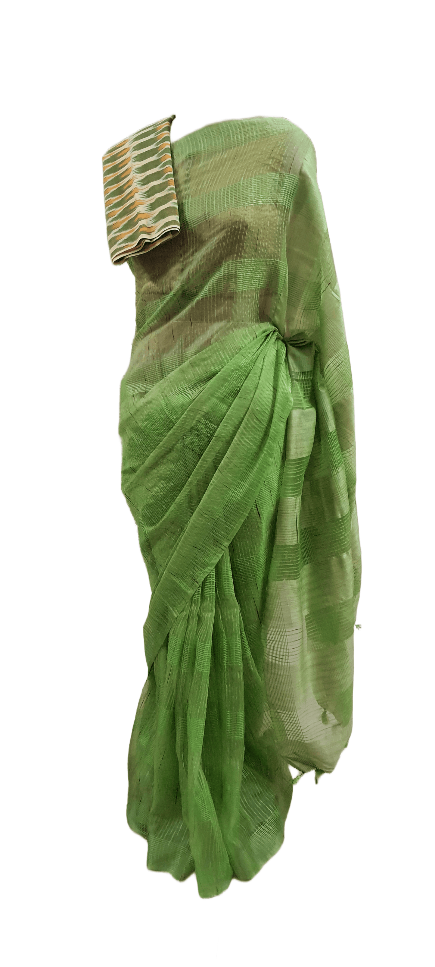 Green Katan Ghicha Saree with Pure Ikkat Cotton Blouse KG07 - Ethnic's By Anvi Creations