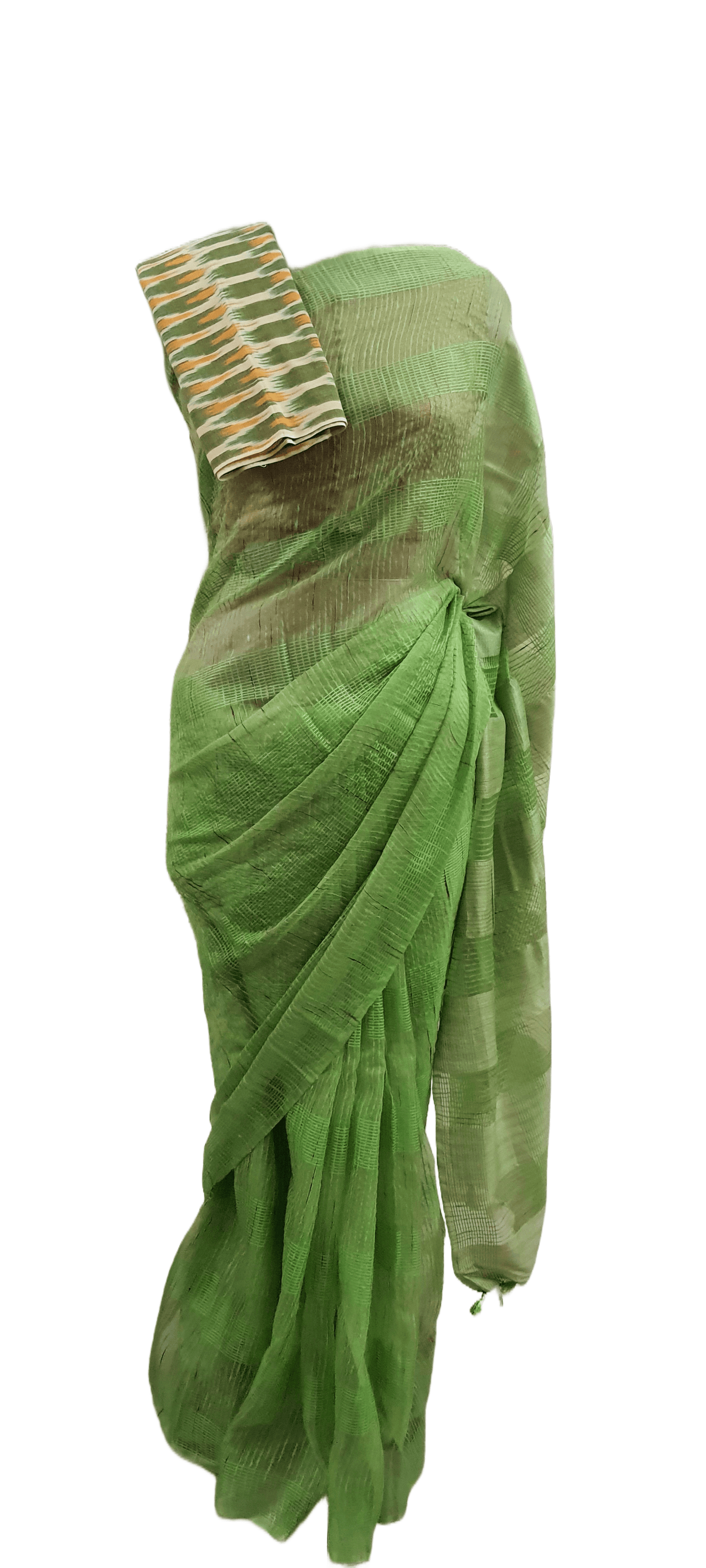 Green Katan Ghicha Saree with Pure Ikkat Cotton Blouse KG07 - Ethnic's By Anvi Creations