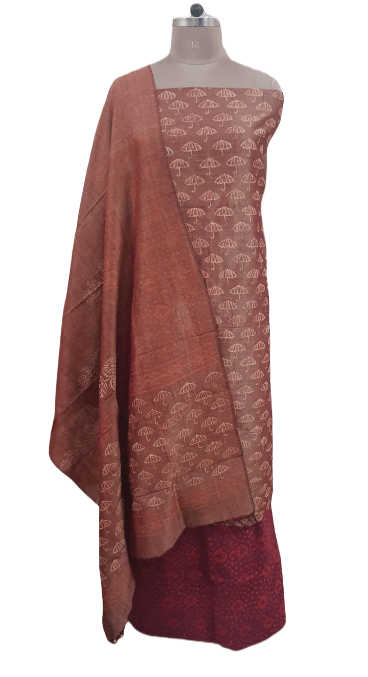 Light Brown Khadi Cotton Silk Block Printed Suit - Ethnic's By Anvi Creations