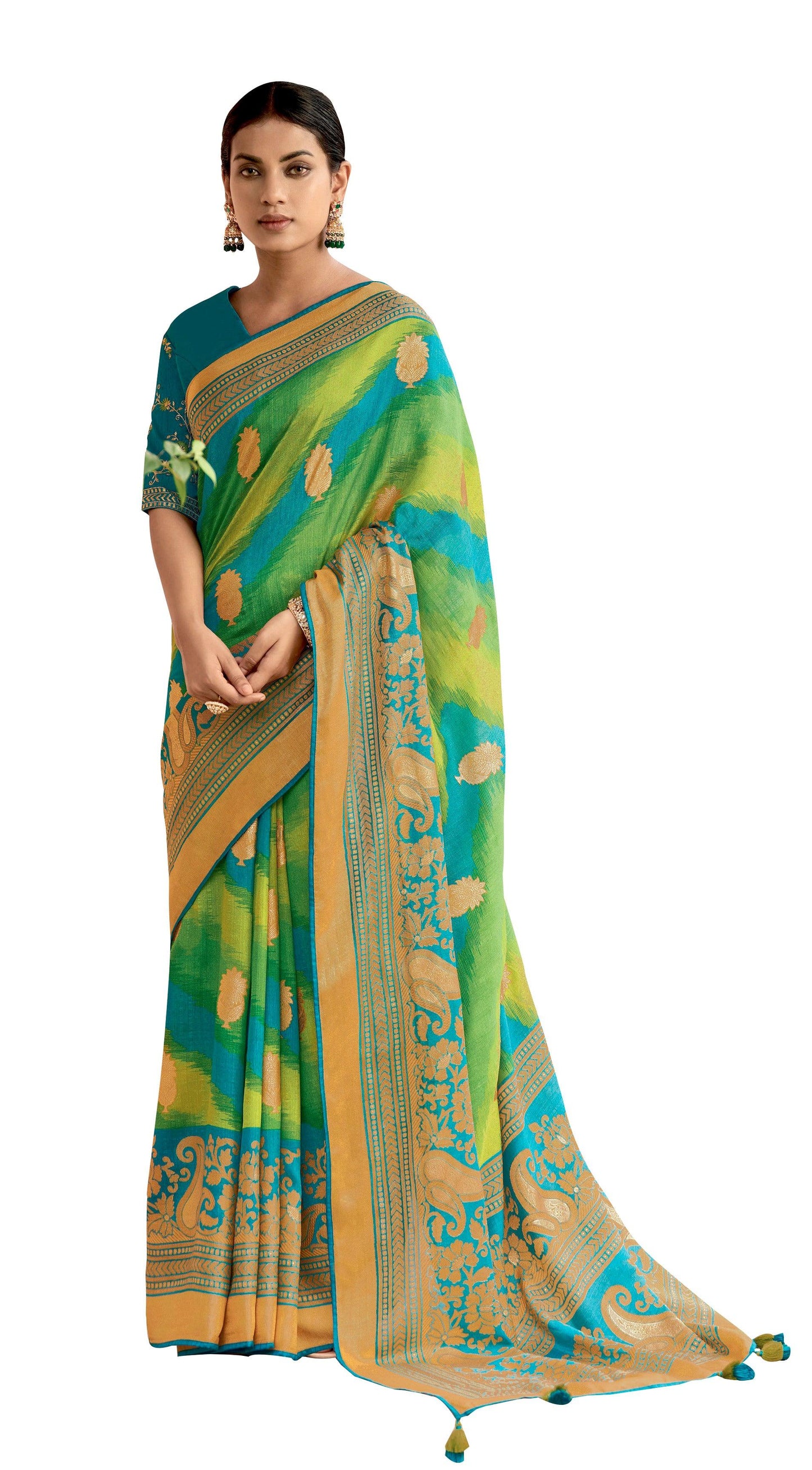 Wholesale Combo Set of 4 Designer Brasso Silk Printed Sarees with Exclusive Embroidered Blouse | Soft Weaven Fabric | Festive & Daily Wear