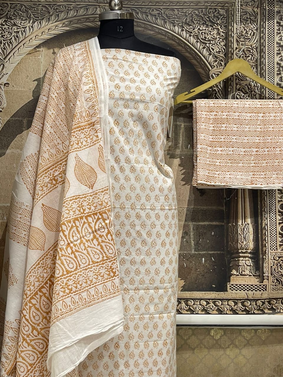Cream Off White Pure Cotton Maheshwari Bagh Printed Suit with Dupatta MH54