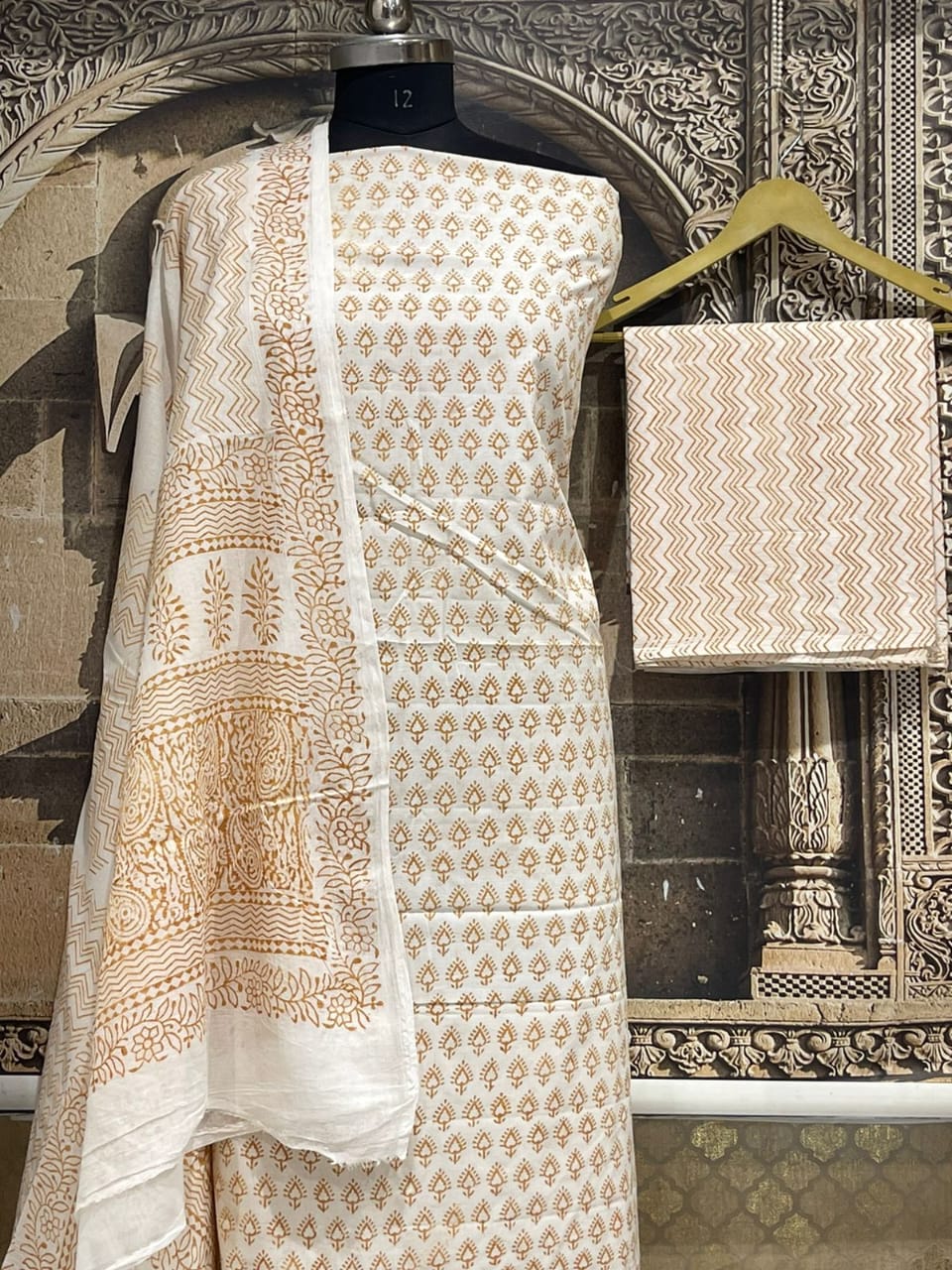 Cream Off White Pure Cotton Maheshwari Bagh Printed Suit with Dupatta MH55