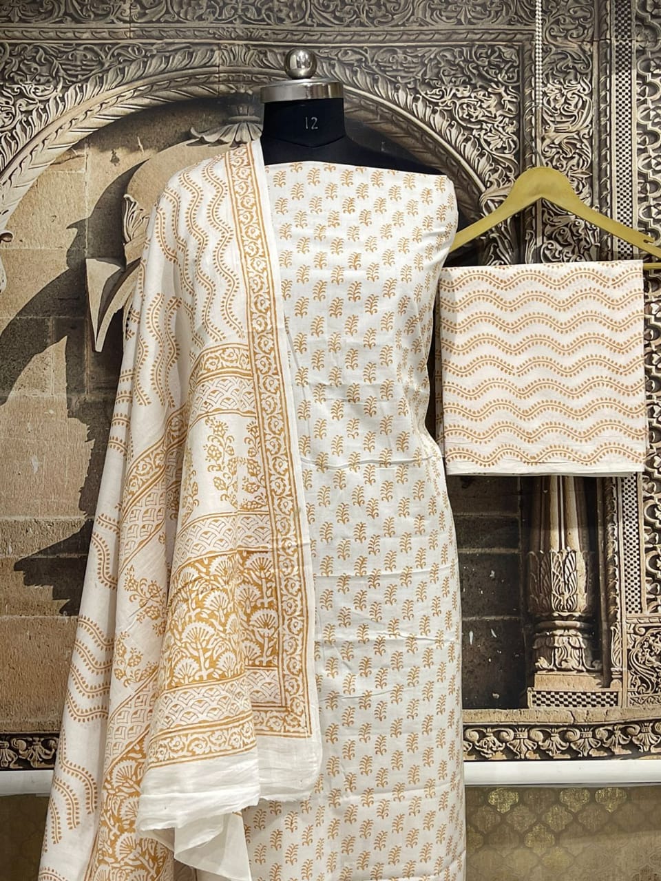 Cream Off White Pure Cotton Maheshwari Bagh Printed Suit with Dupatta MH56
