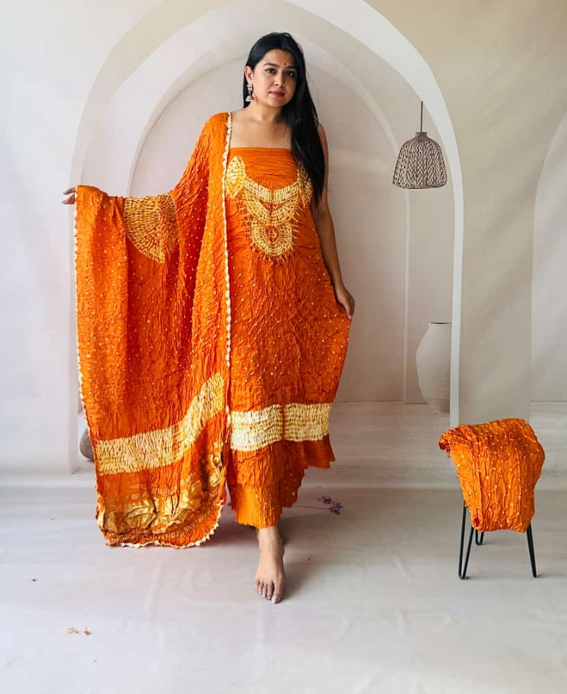 Pure Modal Orange Bandhej Bandhani Shibori work Three Piece Suit Set MODB01
