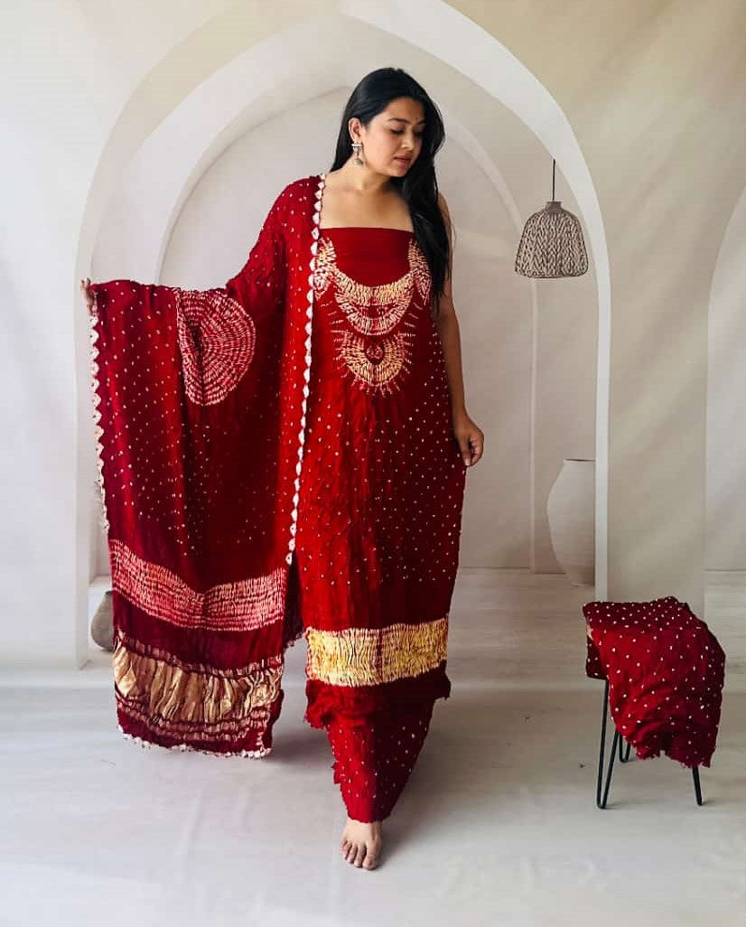 Pure Modal Deep Red Bandhej Bandhani Shibori work Three Piece Suit Set MODB02