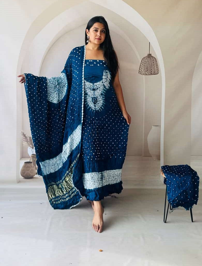 Pure Modal Blue Bandhej Bandhani Shibori work Three Piece Suit Set MODB03