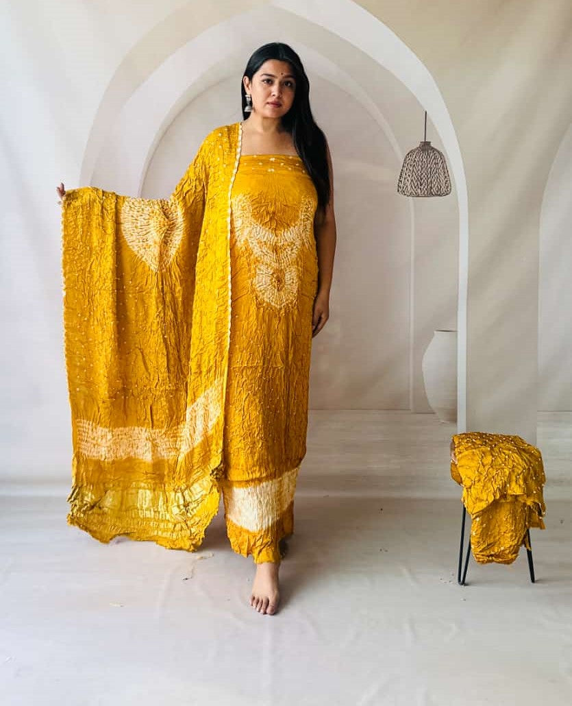 Pure Modal Mustard Yellow Bandhej Bandhani Shibori work Three Piece Suit Set MODB04