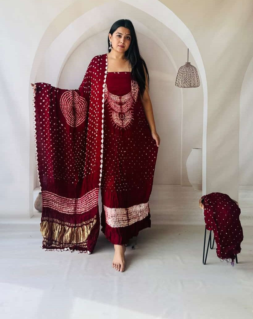 Pure Modal Maroon Wine Bandhej Bandhani Shibori work Three Piece Suit Set MODB05