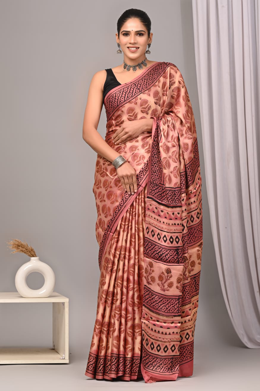 Peach Hand Block Printed Modal Silk Saree NAM01