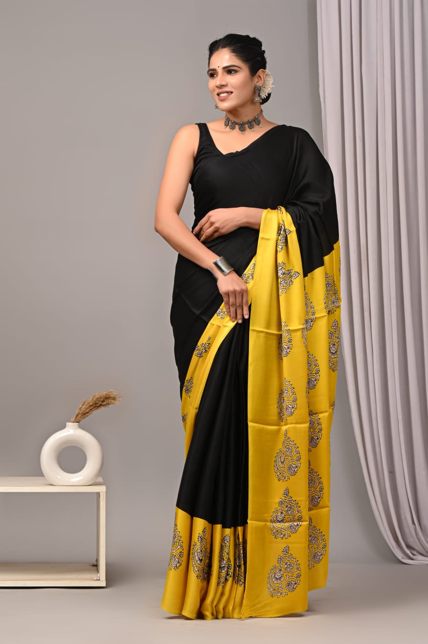 Black Hand Block Printed Modal Silk Saree NAM02