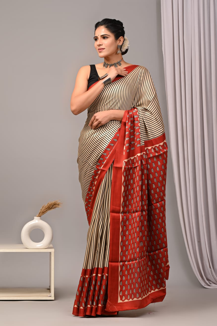 Striped Off White Hand Block Printed Modal Silk Saree NAM03
