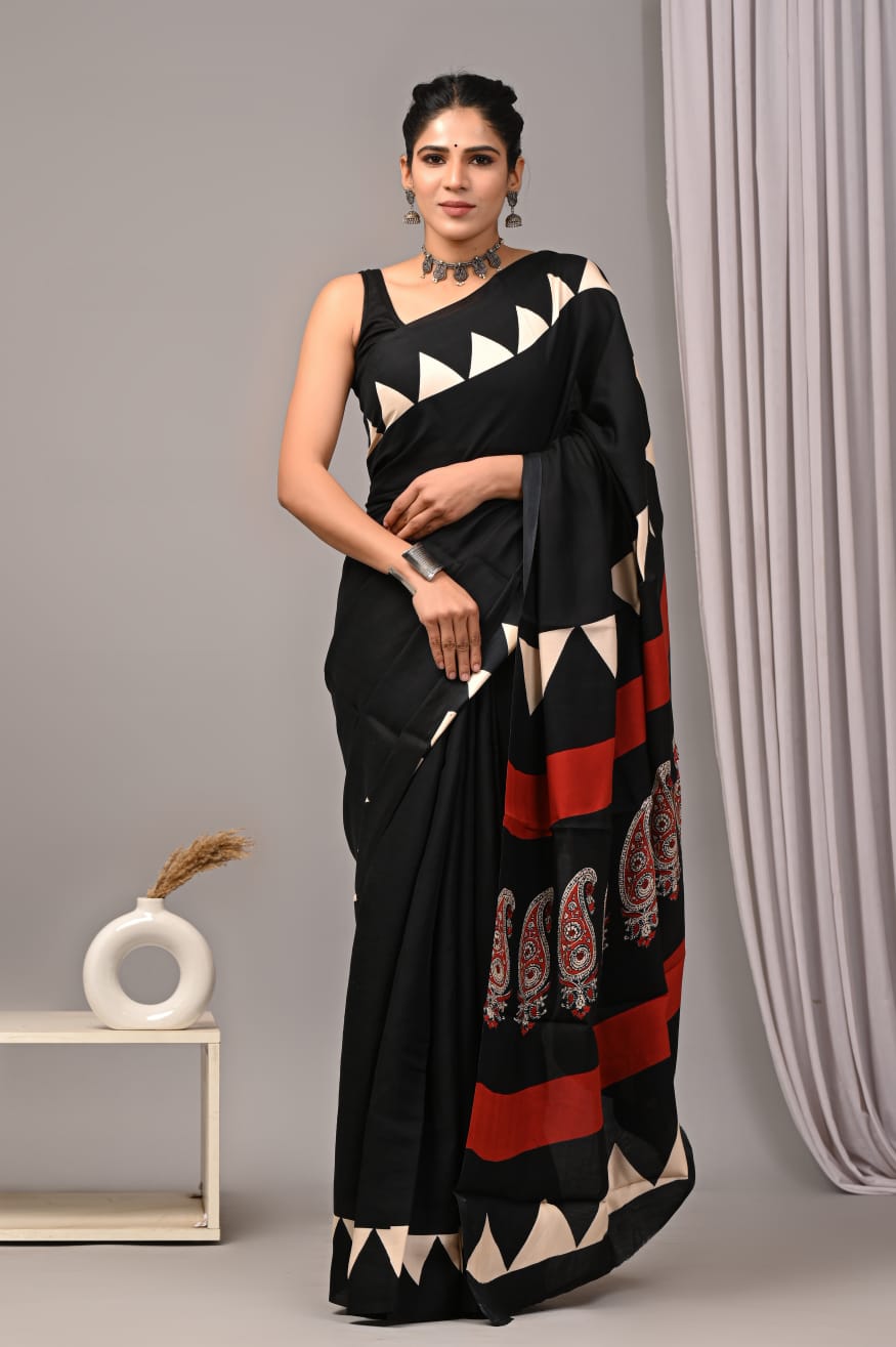 Black abstract Hand Block Printed Modal Silk Saree NAM05