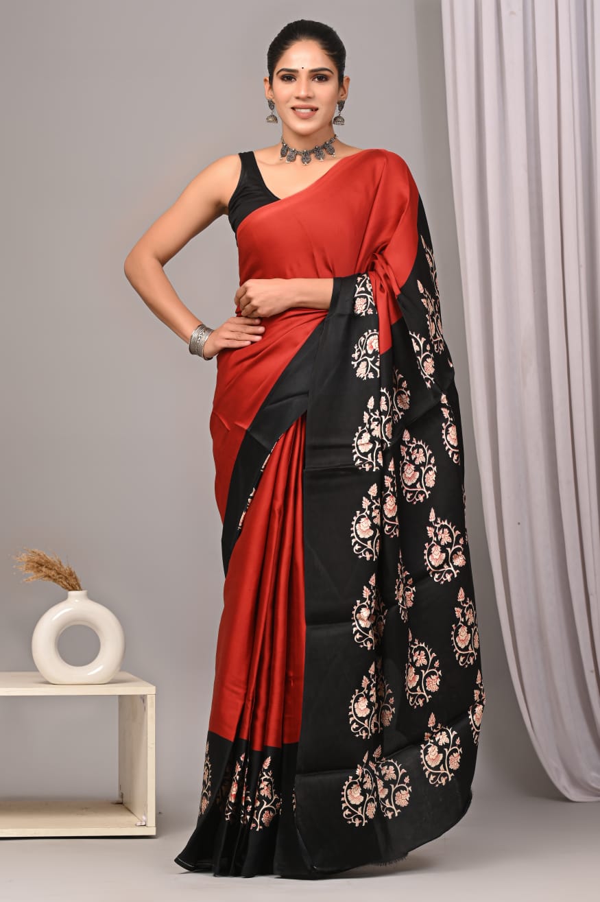 Rust Orange Hand Block Printed Modal Silk Saree NAM06