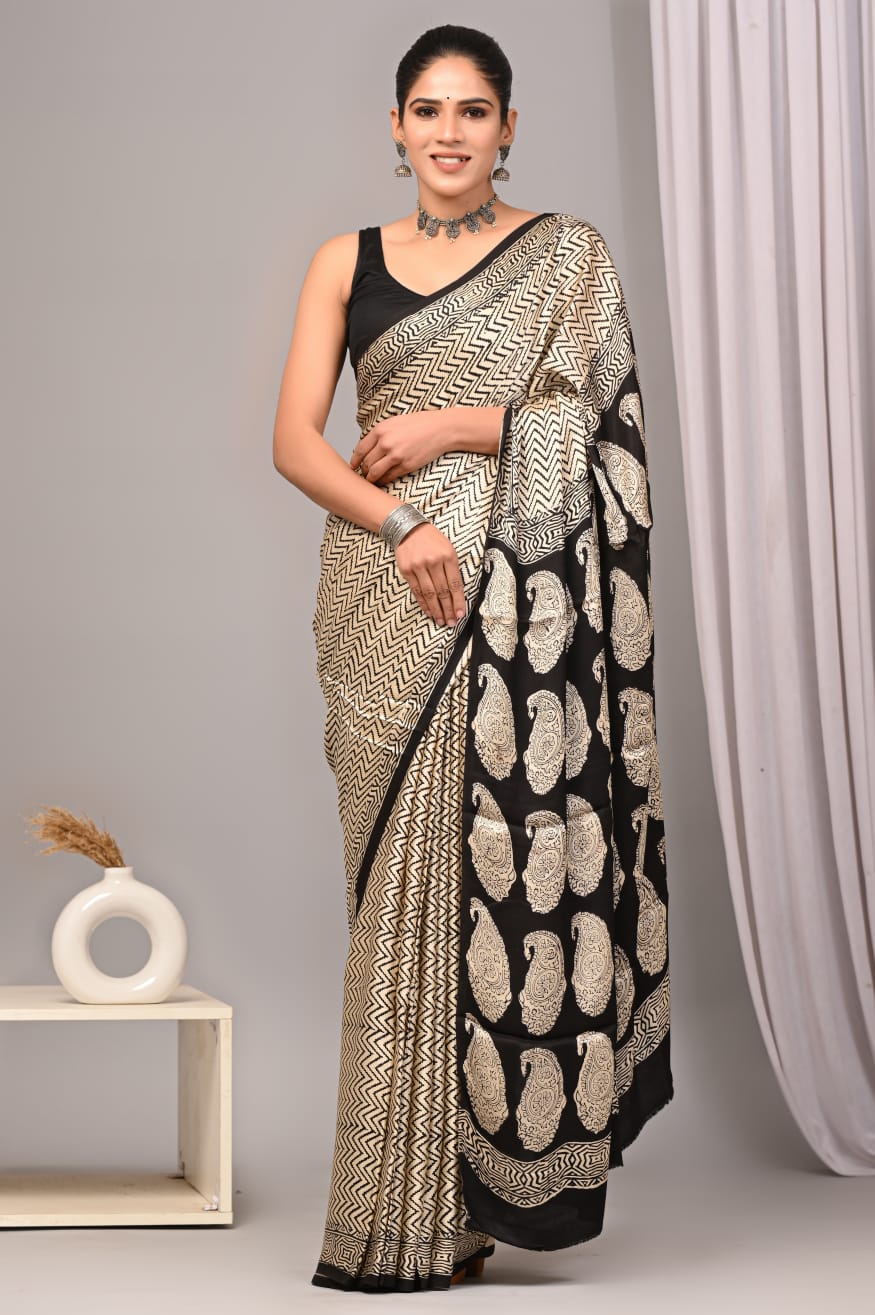 Off White Black Chevron Hand Block Printed Modal Silk Saree NAM07