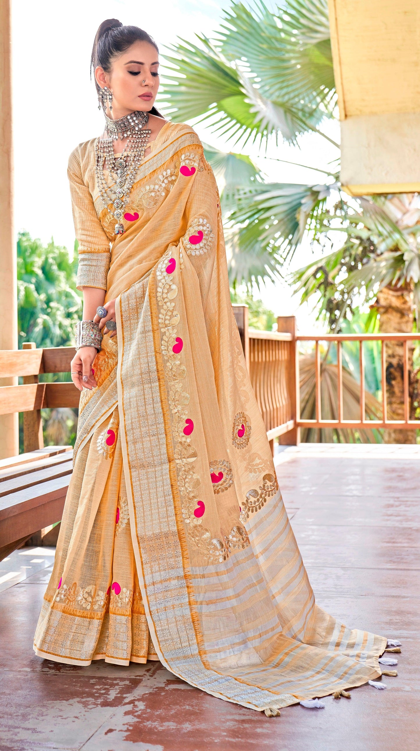 Wholesale Set of 5 Soft Linen Cotton Sarees with Gota Patti work Elegant Weaving Border