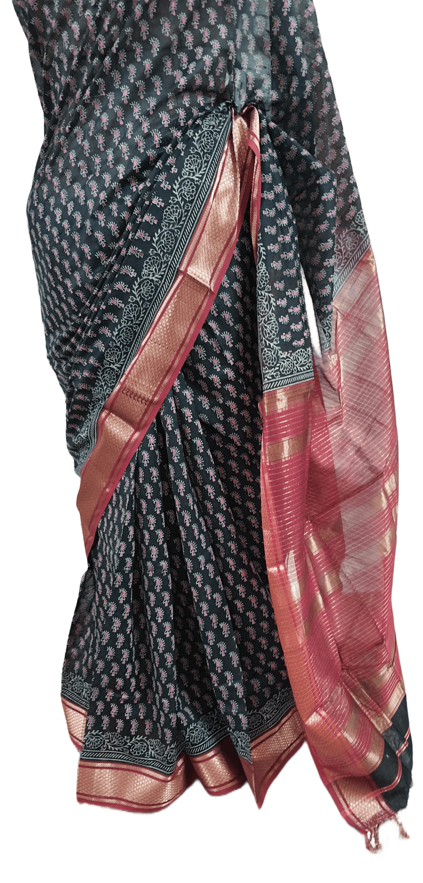 Pure Maheshwari Block Printed Cotton Silk Black Saree - Ethnic's By Anvi Creations