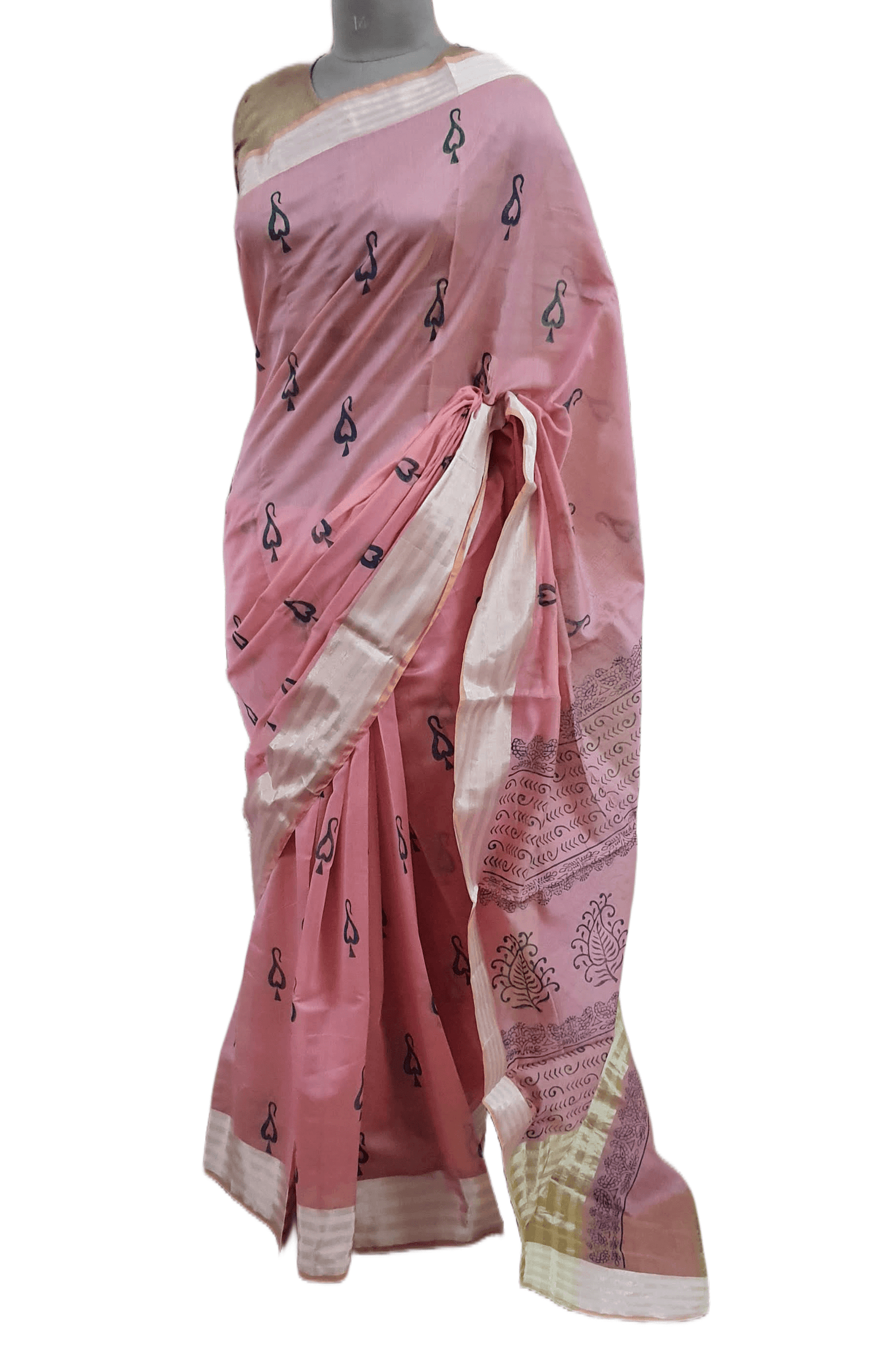Pure Maheshwari Block Printed Cotton Silk Pink Saree - Ethnic's By Anvi Creations