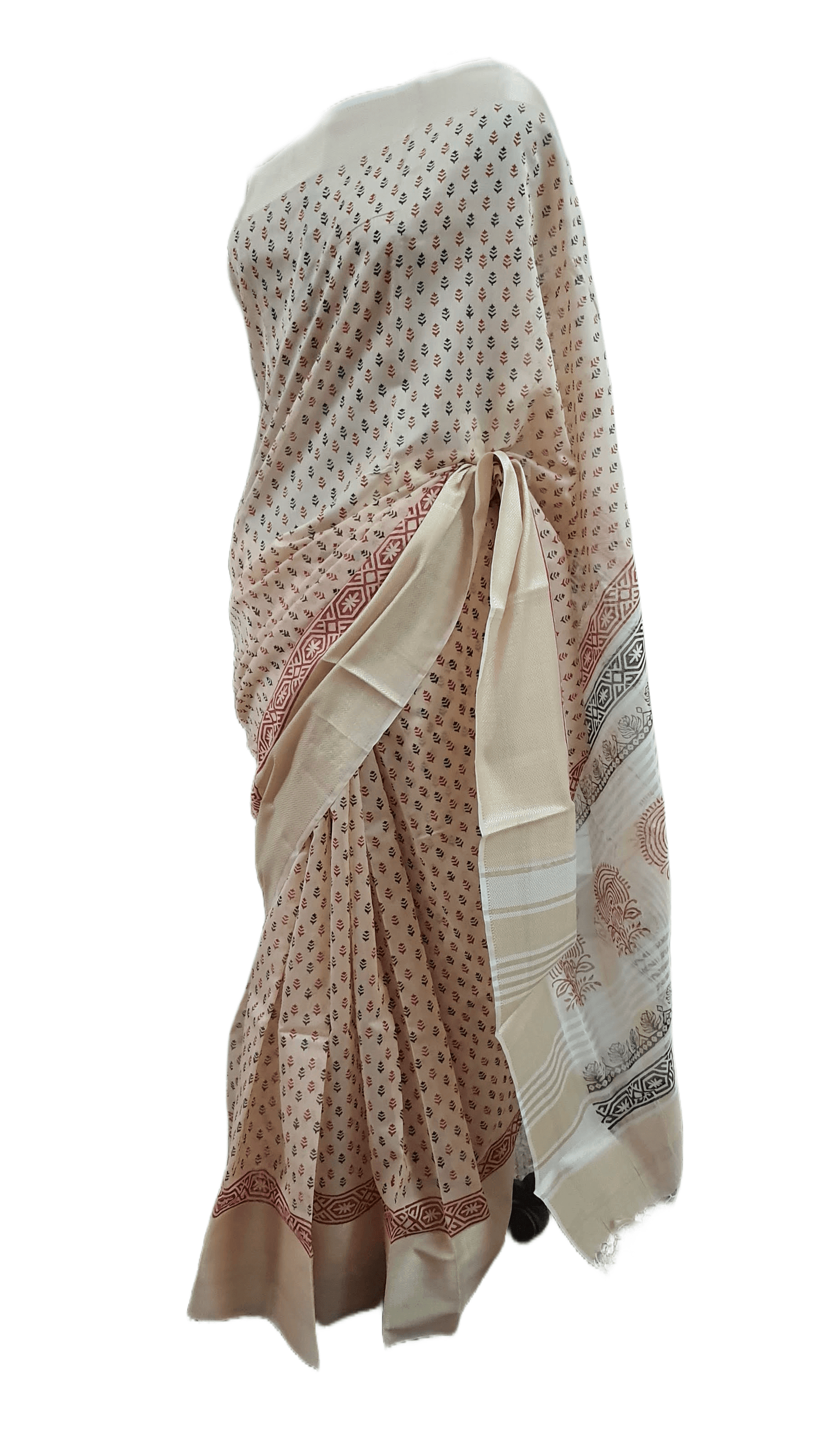 Pure Maheshwari Block Printed Cotton Silk Beige Saree - Ethnic's By Anvi Creations